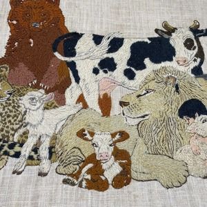 Vtg Framed Crewel Wall Hanging Isaiah 11:6-7 Biblical Large Finished Embroidery